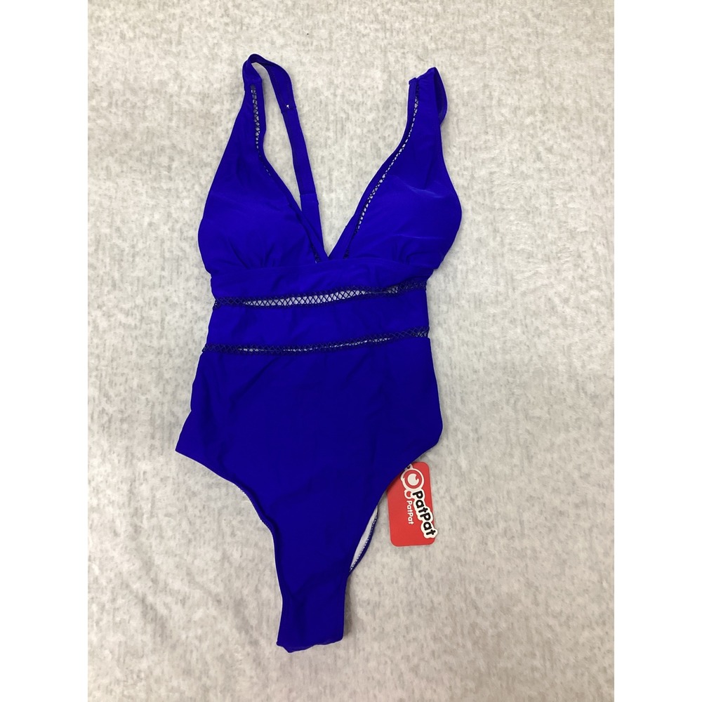 PatPat Royal Blue Plunge V-Neck Crochet Mesh Cut Out One Piece Swimsuit Womens L